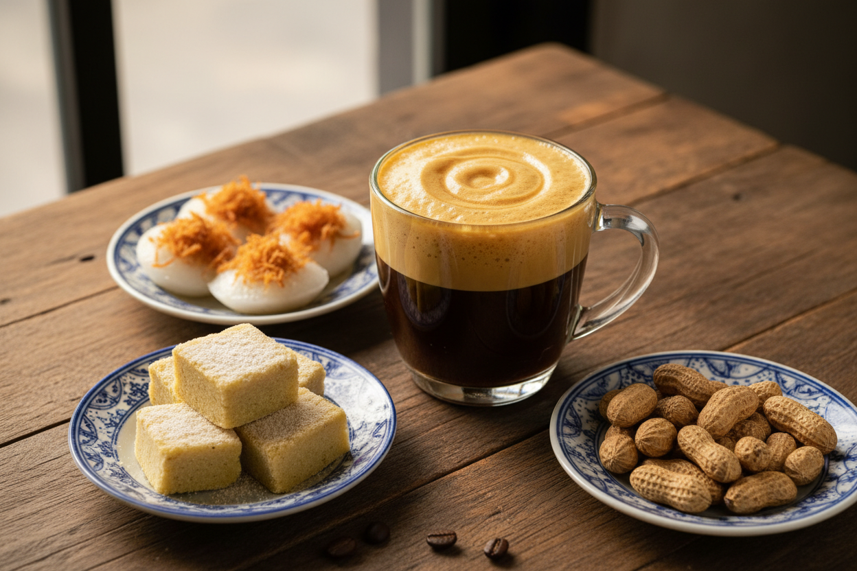 Vietnamese cà phê trứng, with some snacks